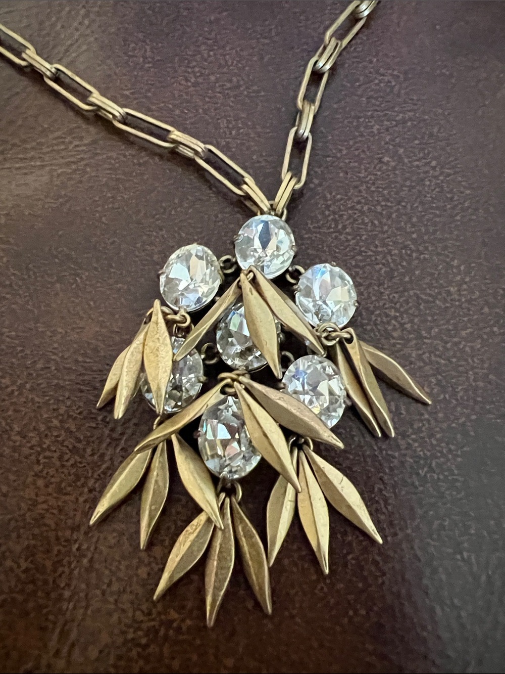 J. Crew Gold-Tone Leaf Cluster Necklace with sparkly Clear Stones - Picture 2 of 4